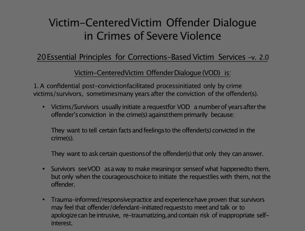 20 Essential Principles for Corrections-Based Victim-Centered Victim Offender Dialogue (VOD)